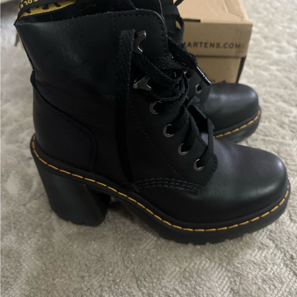 Dr. Martens Black Leather Platform Lace-Up Heel Boots with Yellow Stitching